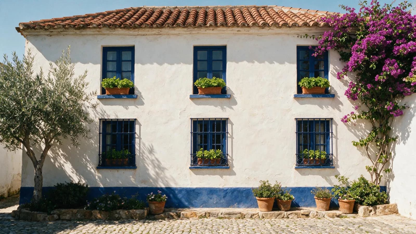 Fachada andaluza en blanco cálido con marcos de ventana y zócalo en azul añil, junto a un olivo