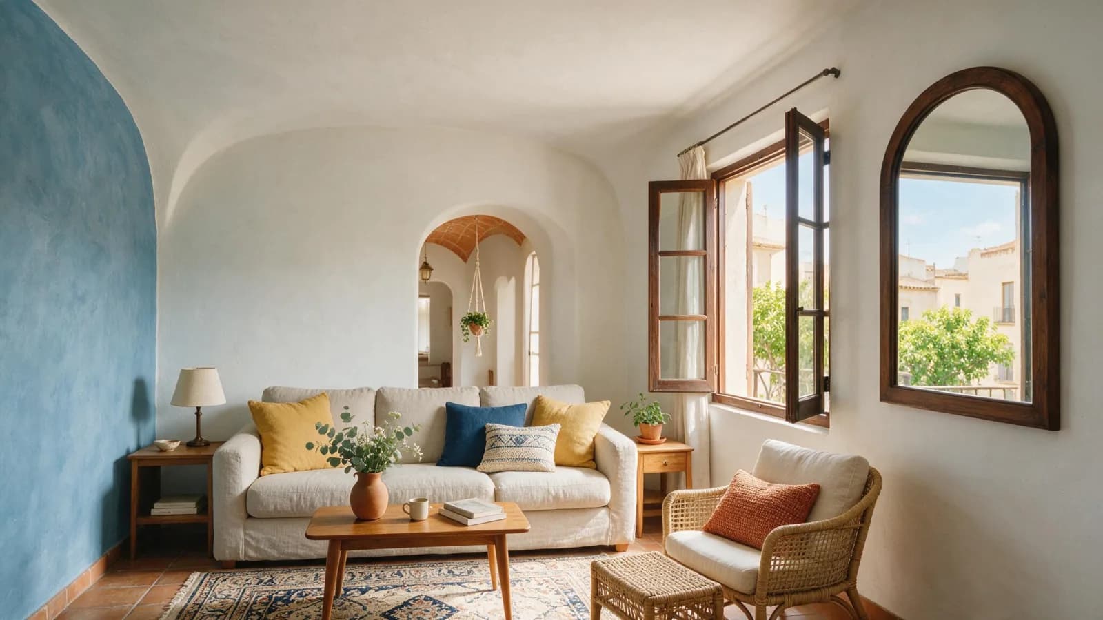 Salón pequeño con paredes y techo pintados del mismo blanco frío y un espejo junto a la ventana que amplía la luz