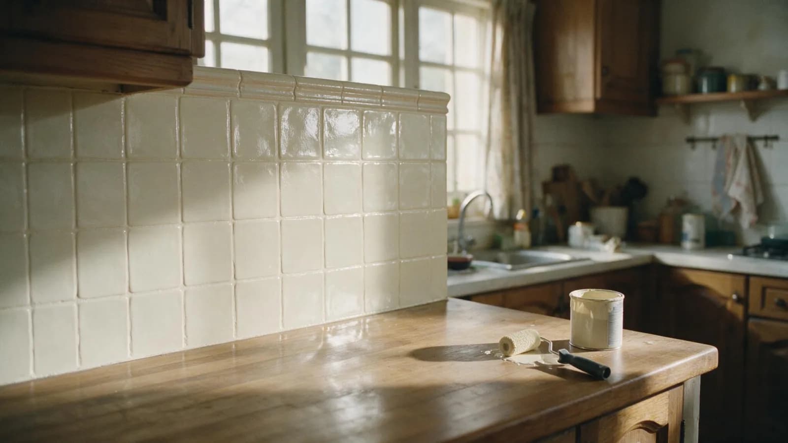 Alicatado de cocina pintado en blanco roto satinado, con la retícula de las juntas todavía visible bajo la pintura