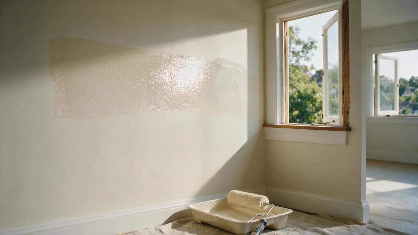 Pared recién pintada con el rodillo aún húmedo, con la ventana abierta para ventilar la estancia