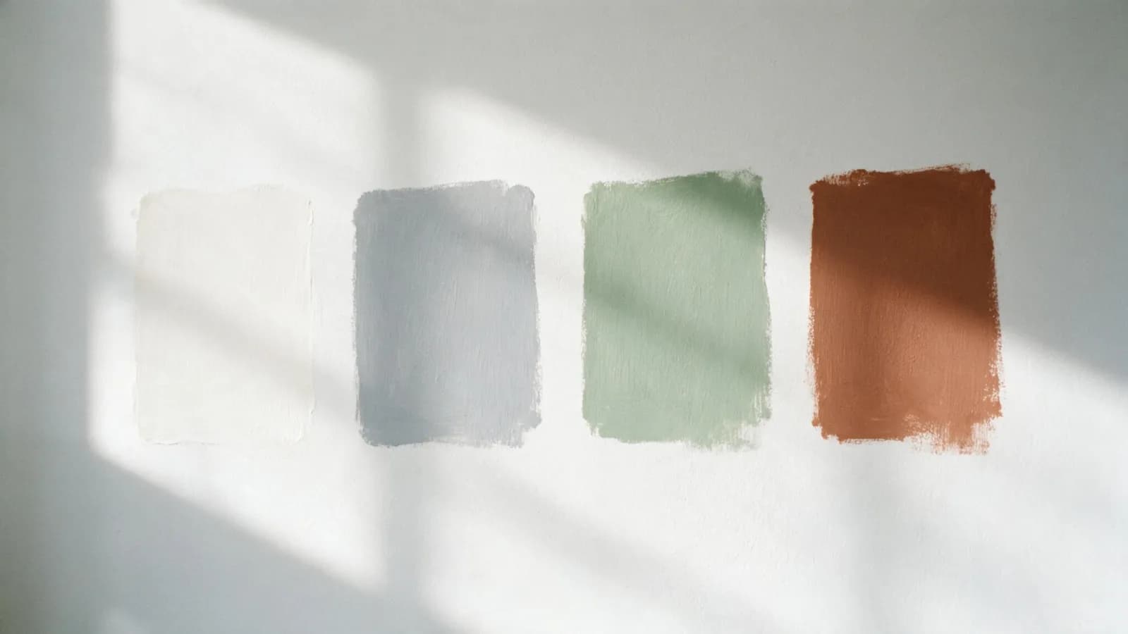 Cuatro pruebas de pintura aplicadas a brocha sobre una pared blanca: blanco cálido, gris frío, verde salvia y terracota