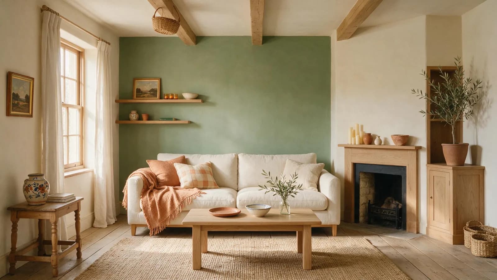 Salón con una pared de acento en verde salvia y el resto en blanco cálido, con muebles de roble claro