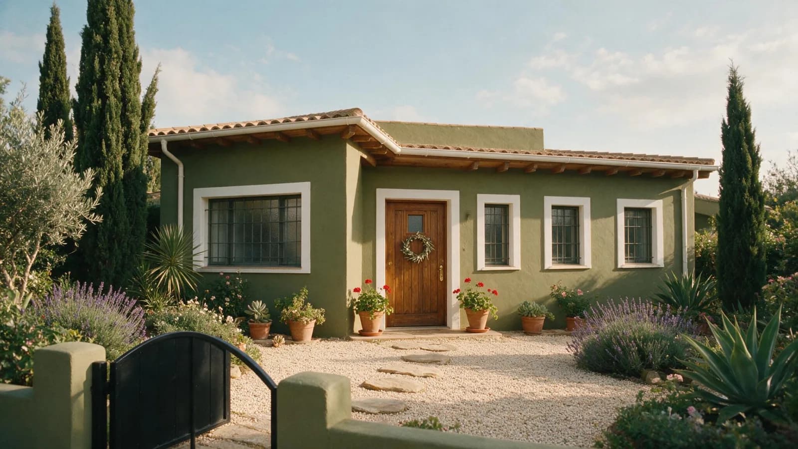 Fachada de vivienda pintada en verde oliva apagado con carpintería blanca y puerta de madera natural
