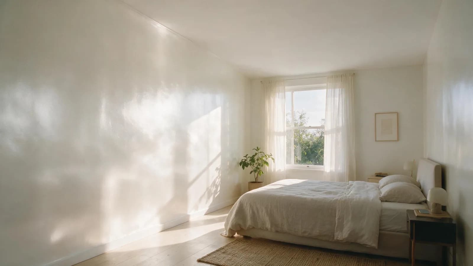 Dormitorio pintado en blanco cálido con acabado satinado que refleja la luz natural de la ventana