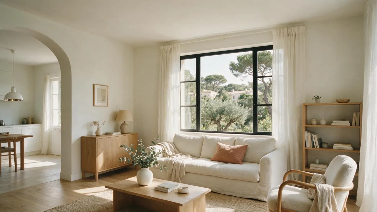 Salón con paredes en blanco roto cálido, mueble de roble claro y un cojín terracota como único acento de color