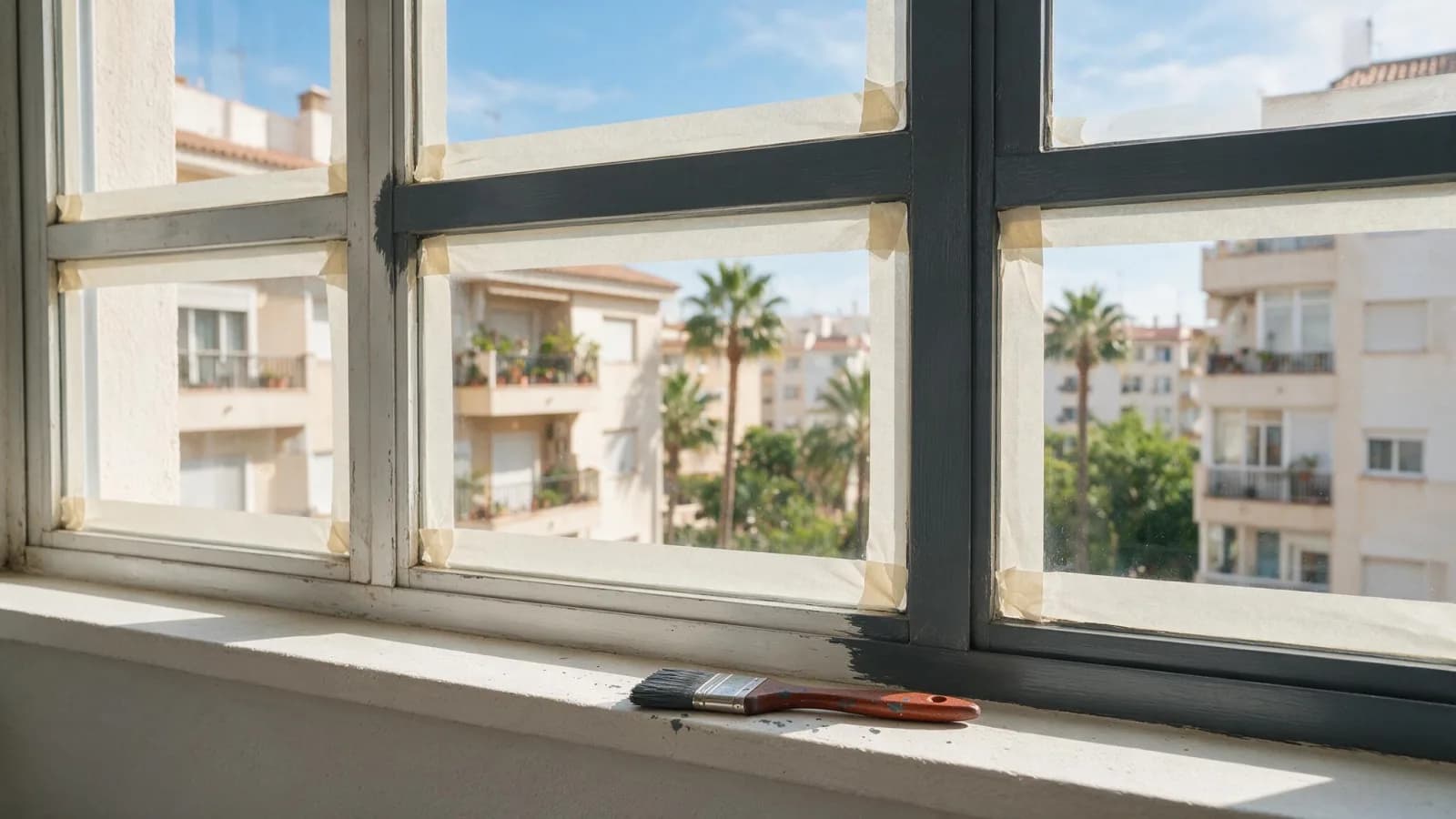 Marco de ventana de aluminio a medio repintar, con cinta de carrocero en el cristal y la mitad en pintura nueva
