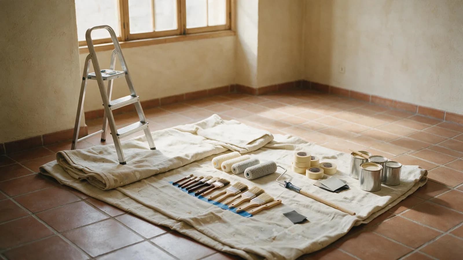 Material de un pintor profesional preparado en un piso vacío: escalera, lonas, brochas, rodillos y cinta de carrocero